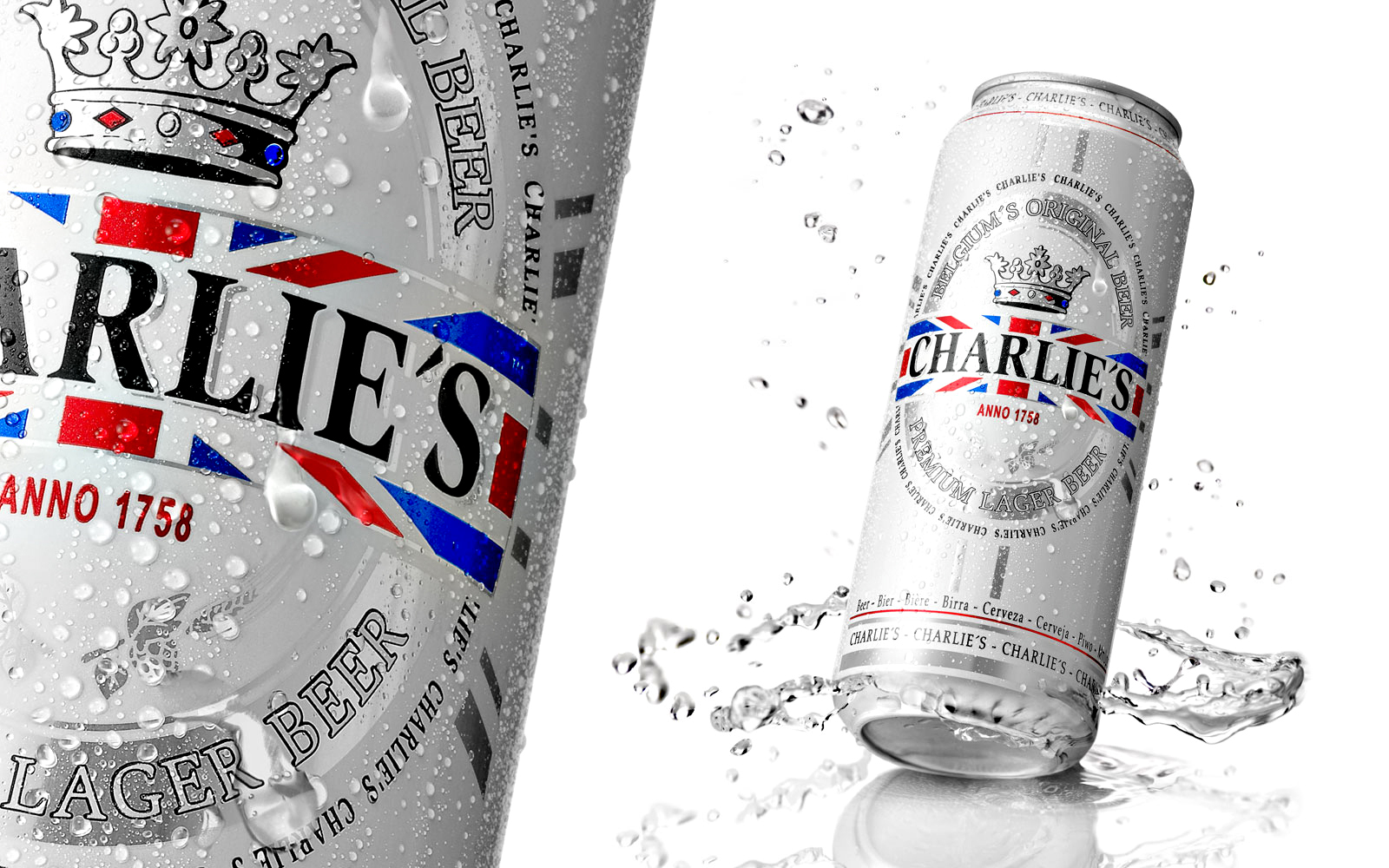 Reclamefotografie druppels en water op bierblik