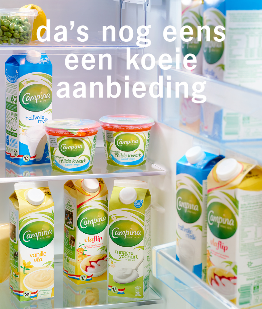 Reclamefotografie Campina yoghurt, kwark en melk in koelkast