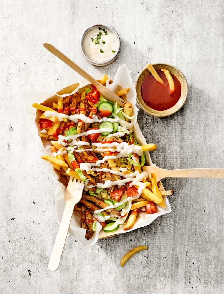 Food fotografie Vegan kapsalon met saus