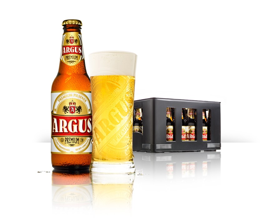 Reclamefotografie Argus bier krat, fles en glas.